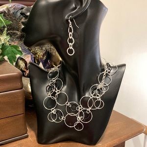 NWOT - Multi Link Silvertone/Black Beaded Hoop Necklace & Dangle Earrings
